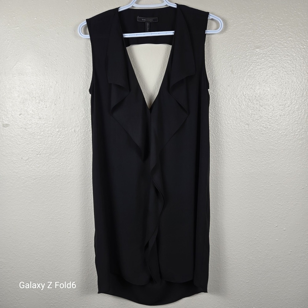 BCBGMAXAZRIA Jena Black Sleeveless Ruffle Front Draped Back Sheath‎ Dress XS